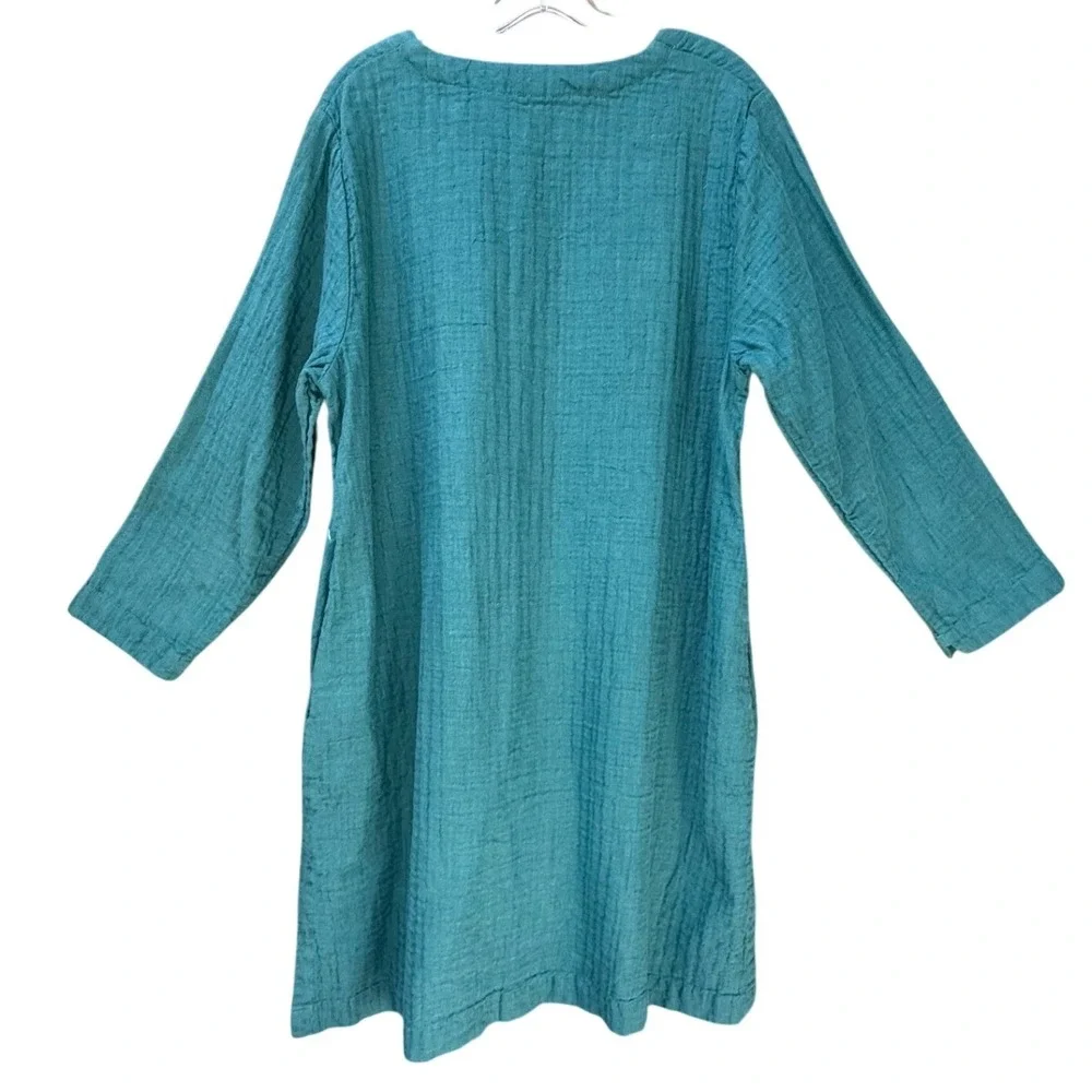 Peacock Ways 100% Linen Gauze Embroidered Tunic Dress Teal‎  Lagenlook Boho L